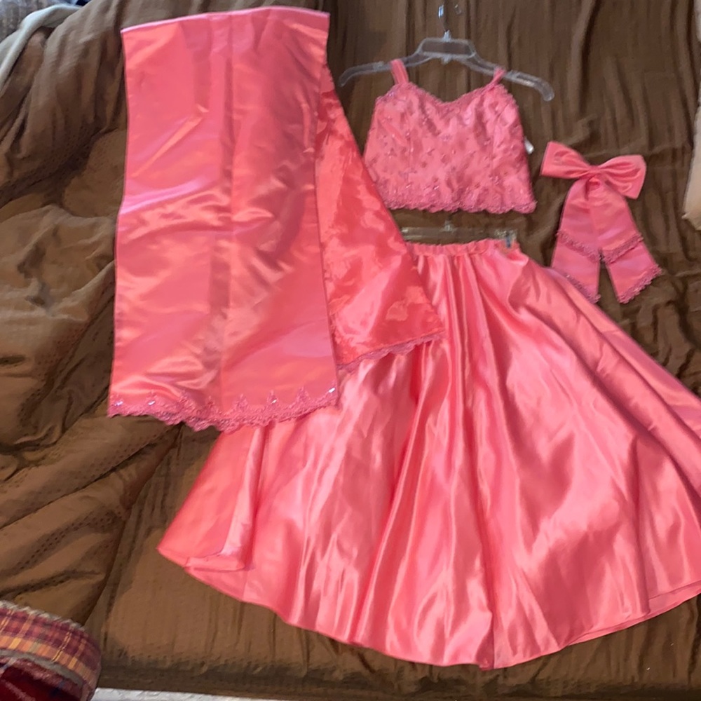 Two piece pageant dress pink with detachable bow and wrap girls size 7/8